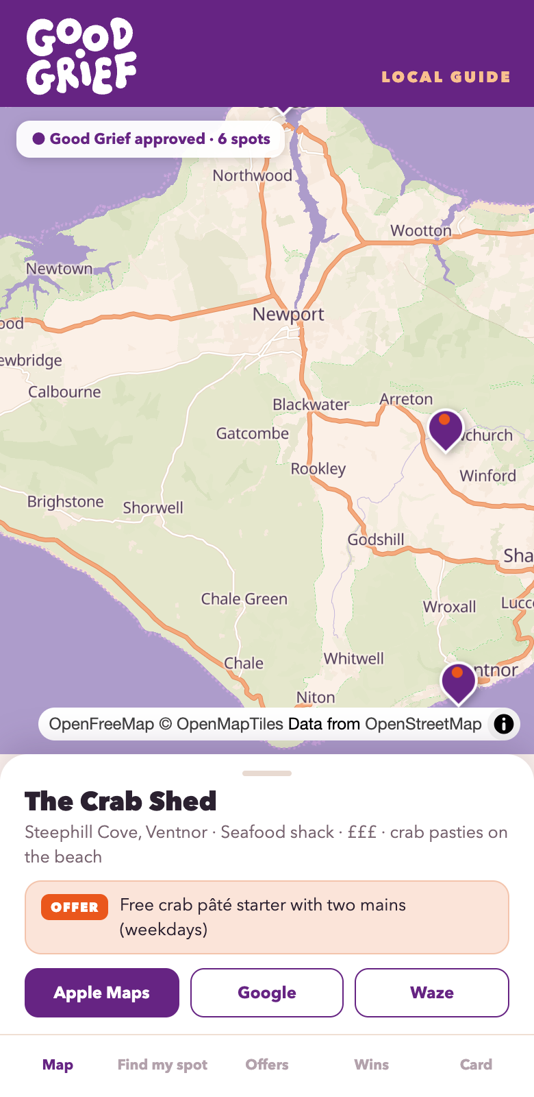 Preview of the Good Grief Local Guide app showing a map of the Isle of Wight